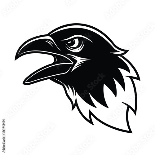 fierce crow head in aggressive stare and beak open version two on white background Vector illustration
