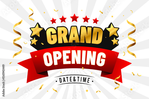 Grand Opening Banner with Golden Stars, Red Ribbon, Gold Ribbon and Confetti. Vector Illustration