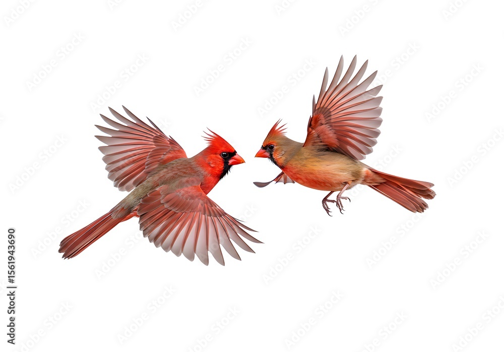 Obraz premium Two Northern Cardinals in Flight Against a White Background. Generative Ai