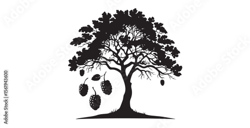 Black silhouette of a mulberry tree with ripe berries hanging from branches