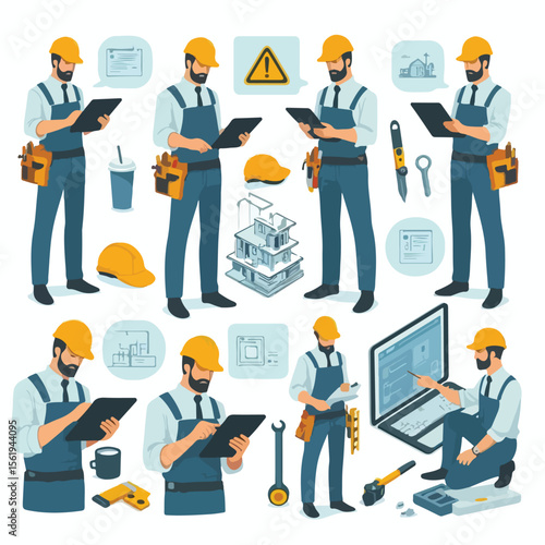 Image set of Contractor using tablet to see project progress with simple and minimalist flat design using white background