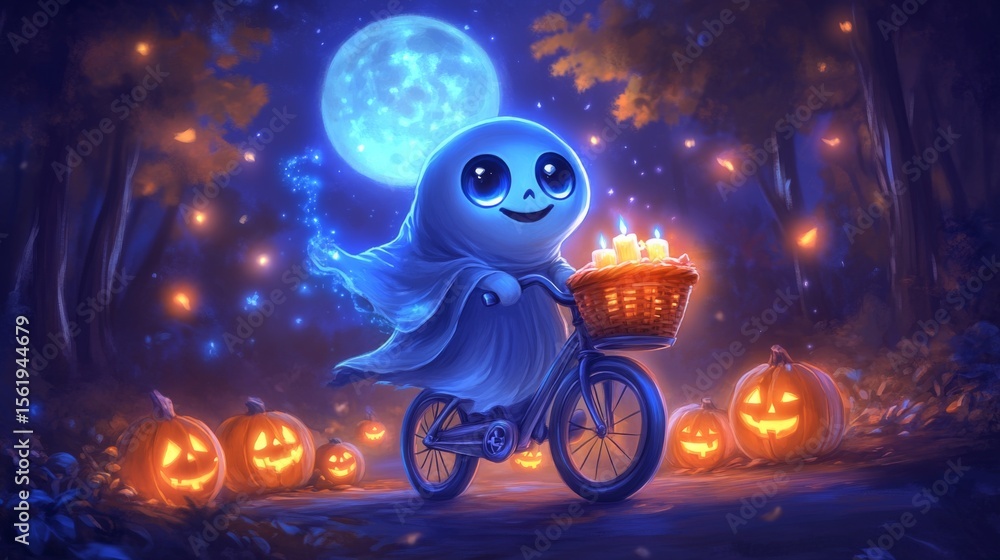 Naklejka premium Cute ghost character on a bicycle carrying a basket of candles in a Halloween night scene with pumpkins. Digital art for holiday celebration. Samhain