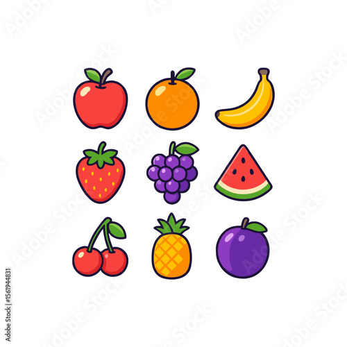 Fruit icon set with apples, bananas, strawberries. Perfect for websites, apps, social media, menus, and foodrelated designs needing colorful fruit icons.