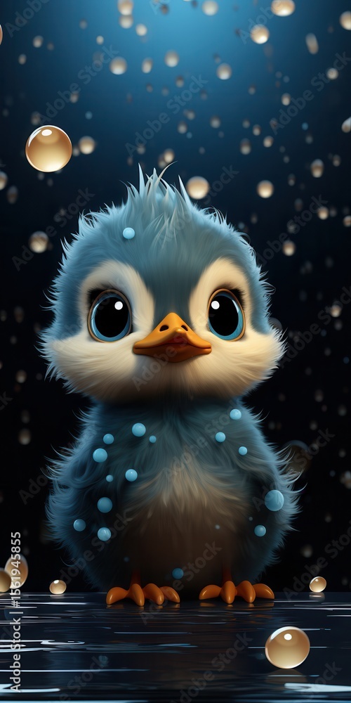 Obraz premium A cute blue cartoon bird with big eyes, surrounded by sparkling bubbles in a whimsical underwater setting.