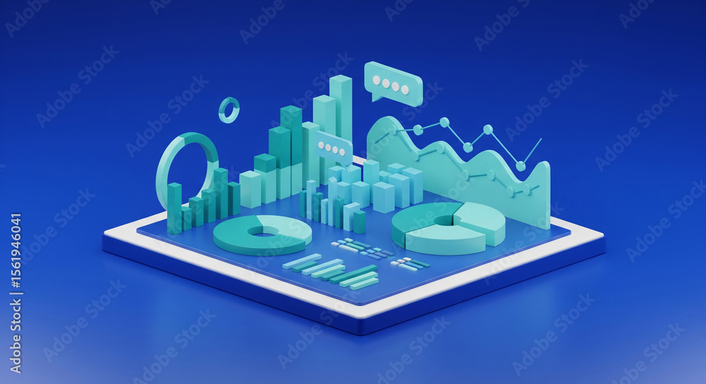 Fototapeta premium Isometric 3D illustration of teal and blue charts and graphs on a digital platform, showcasing data analysis and business intelligence, perfect for presentations or reports