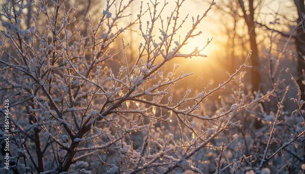 Fototapeta premium Golden light reflecting off frozen branches during a quiet winter morning
