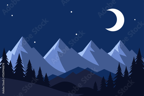 A moonlit winter landscape with snow-covered mountains and pine trees under a starry night sky