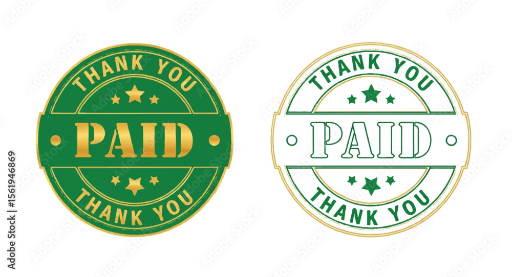 Obraz premium Green and gold PAID and THANK YOU stamp vector illustration on white background
