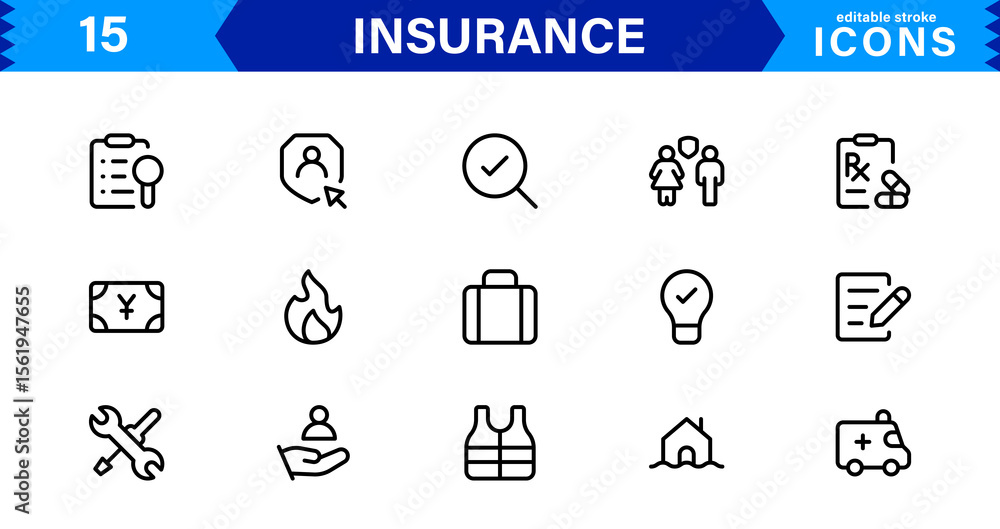 Fototapeta premium Insurance Icon Set Featuring Protection, Policy, Coverage, Claims, and Risk Management Concepts in a Clean, Professional, and Marketable Vector Style