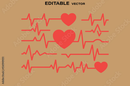 Collection of red heart symbols integrated with electrocardiogram heartbeats on a textured tan background