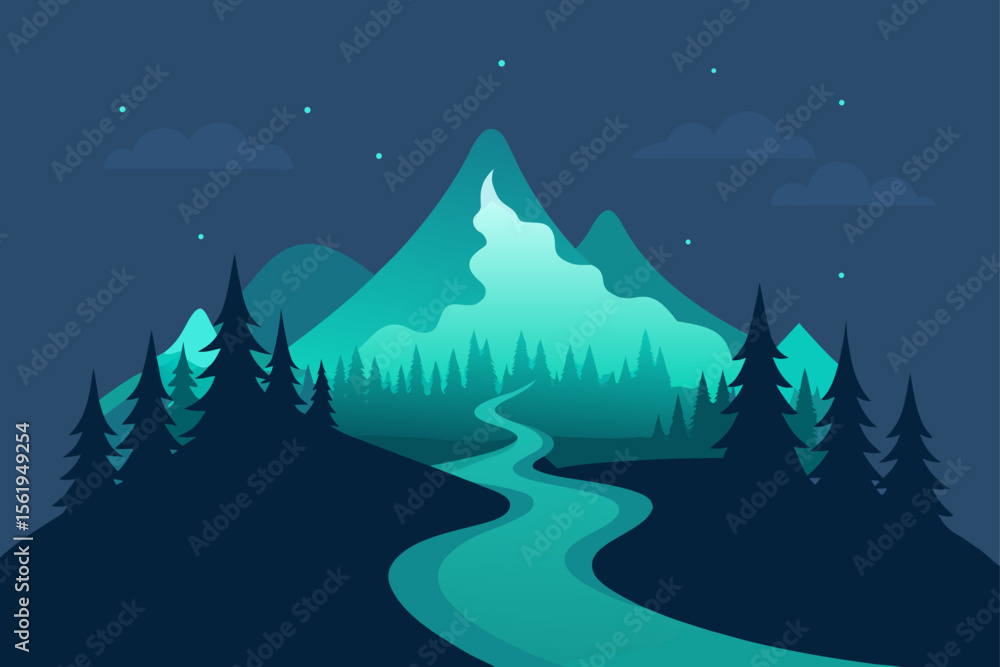 Fototapeta premium Enchanted Night Serene Mountain Landscape with Glowing River