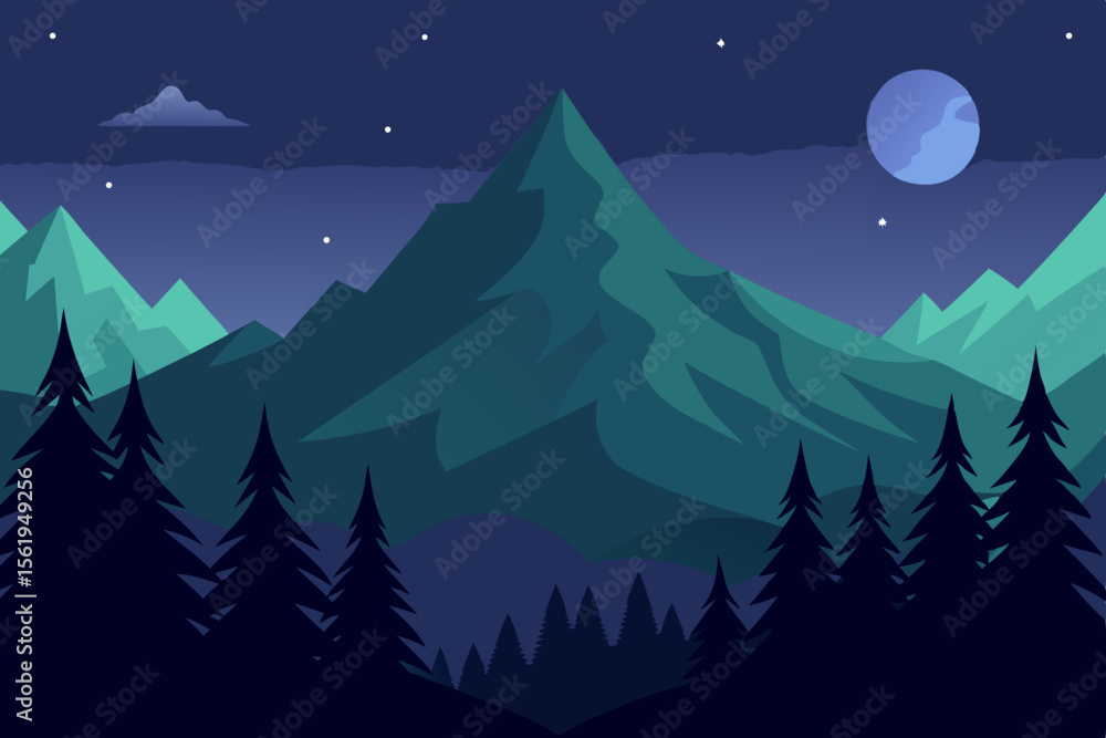 Obraz premium Serene Night Mountains, Moon, and Starscape Illustration