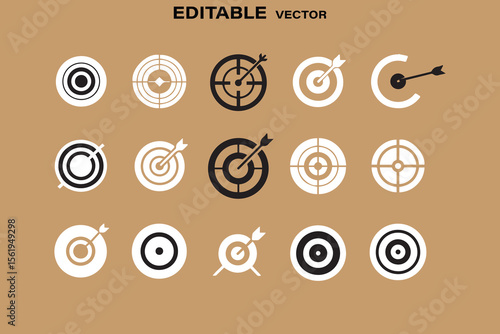 Collection of diverse target icons representing accuracy and precision in black and white on a neutral background
