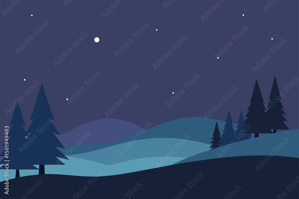 Naklejka premium Serene Night Starry Sky Over Silhouetted Pine Trees and Rolling Hills