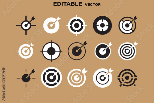 Collection of diverse target and dart icons in black and white representing goals and accuracy