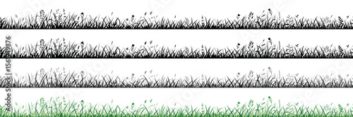 Drawn wild grass isolated on white background, seamless border, vector design