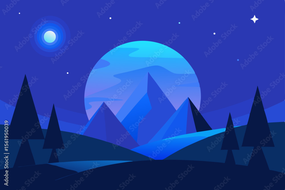 Obraz premium Serene Night Landscape Blue Mountains, Moonlit Sky, and Silhouettes of Trees