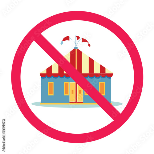 Forbidden carnival building icon, circus tent with red crossed circle symbol, no circus tent allowed symbol, carnival tent not permitted icon, forbidden funfair attraction icon
