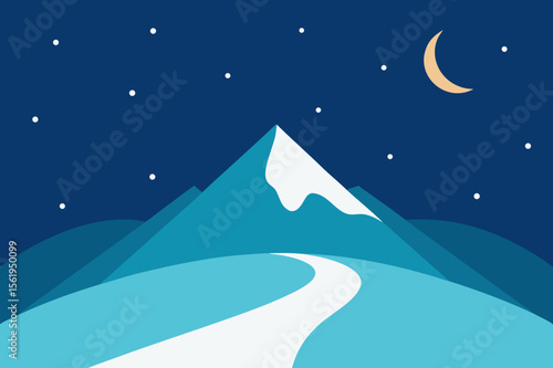 Serene Night Mountain Vista, Winding Road Under Crescent Moon and Starry Sky