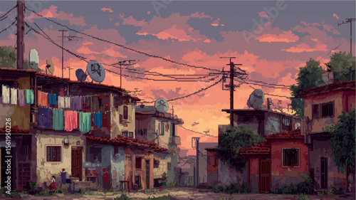 Pixel Art Wallpaper of a Dense Suburban Neighborhood with Laundry, Playing Kids, Satellite Dishes, and Wires at Dusk
