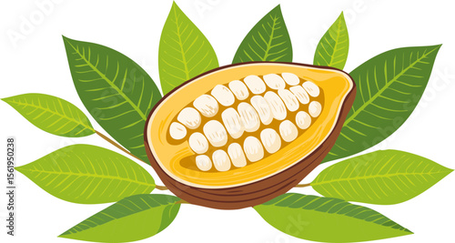 Cocoa Pod with Beans and Leaves – Vector Illustration of Cacao Fruit