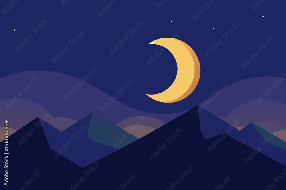 Obraz premium Serene Nightscape Crescent Moon over Silhouetted Mountains