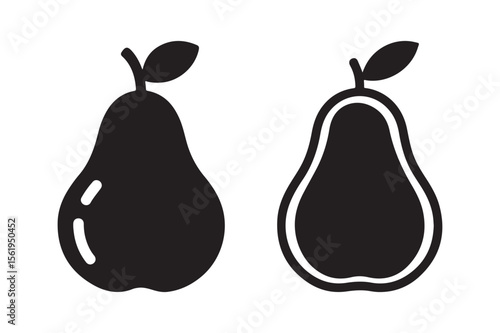 Stylized Pear Fruit Silhouette Icons with Solid and Outline Variations
