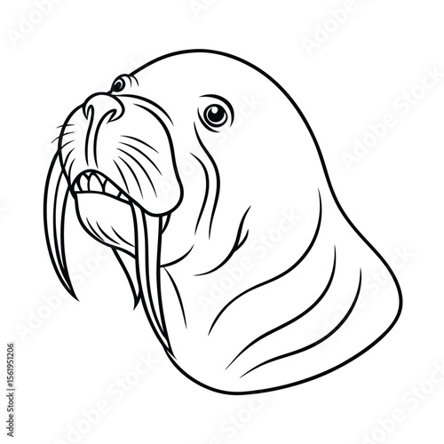 mad walrus head with tusk outline and wrinkled skin version two on white background Vector illustration