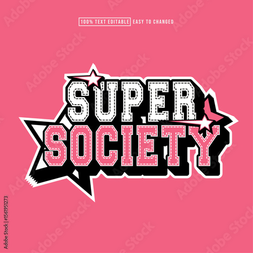Super Society Editable varsity college t-shirt design featuring retro sports typography. Inspired by classic athletic apparel, university, or sports team merchandise.