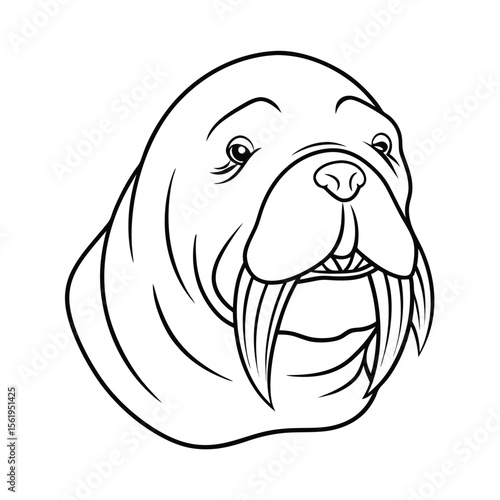mad walrus head with tusk outline and wrinkled skin version one on white background Vector illustration