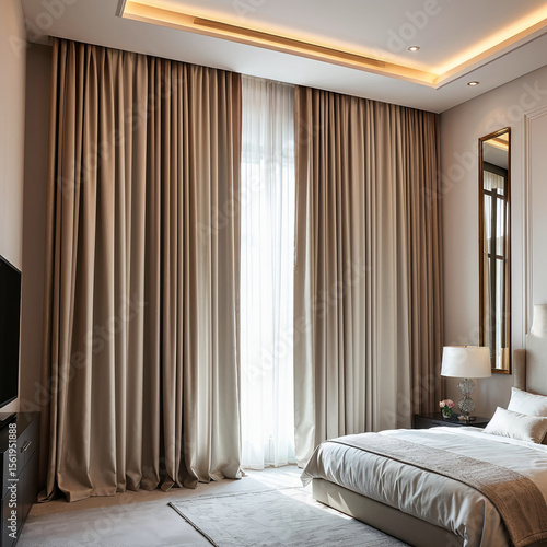 Neutral blackout curtains in a contemporary luxury bedroom