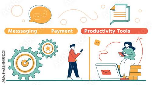 Digital workspace illustration showcasing a man and a woman using productivity tools and messaging apps.