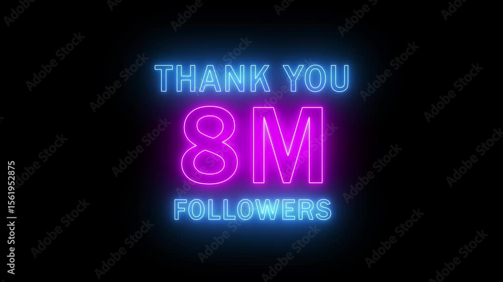 8 Million Followers Realistic Neon Sign with Black Background. 8 Million Followers Realistic Neon Sign with Black Background.