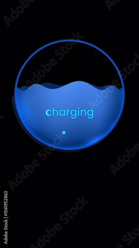 Technological futuristic design of a round neon display and liquid blue color with charge indication. The inscription 