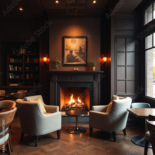 Cozy lounge cafe with fireplace and warm elegant furnishings