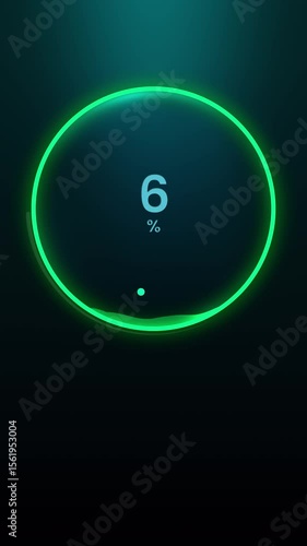 Technological futuristic design of a round neon display in green color with loading percentage indication and dots animation. Template with looped animation. Vertical. 4k