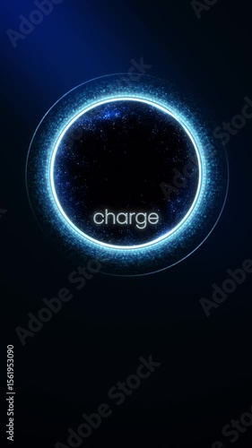 Futuristic design of charging display from particles in the form of a bright glowing circle. The inscription Charge. Vertical looped template. 4k.