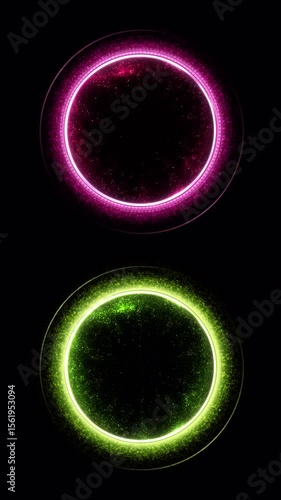 Futuristic charging display design with particles in the form of a bright glowing circle. Vertical looped template with two color options, fuchsia and yellow-green. 4k.