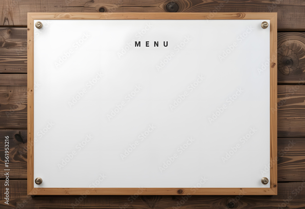 Obraz premium Whiteboard Menu with Wooden Frame on Brown Wood Background - Restaurant or Cafe Template
