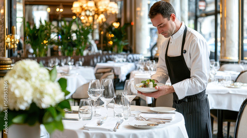 Waiter serving gourmet dish in elegant restaurant setting, showcasing fine dining and attentive service