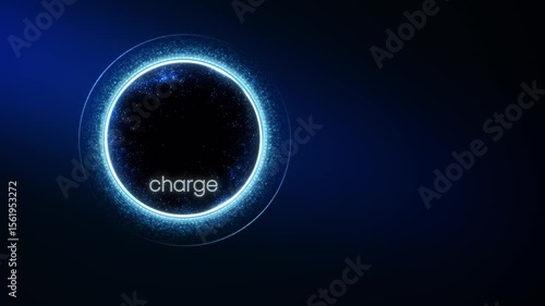 Futuristic design of charging display from particles in the form of a bright glowing circle. The inscription Charge. Horizontal looped template. 4k.