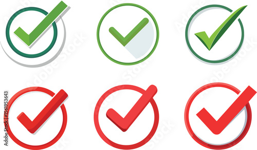Vector Set of Six Circular Checkmark Icons in Green and Red Displayed in a Two-by-Three Grid with Flat, Glossy, and Gradient Styles for UI Design and Affirmative Messaging

