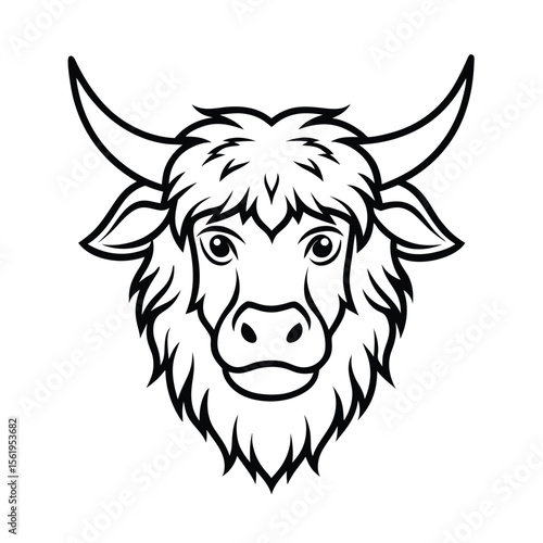 savage yak head with shaggy fur and strong outline version two on white background Vector illustration