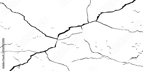 "Cracked white wall texture with deep black fracture lines. Perfect for grunge backgrounds, distressed surfaces, urban decay themes, and abstract or vintage design projects. High contrast and detail"