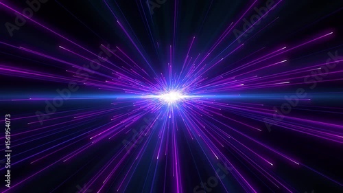 Bright radial light beams. Abstract background in purple neon glow color. Light burst in universe. Space background for event, party, carnival, celebration, anniversary or other.