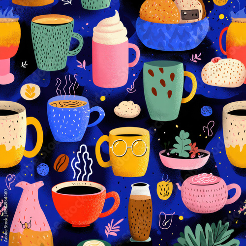 Colorful Coffee Cups and Drinks Seamless Pattern on Dark Blue Background