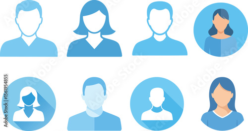Vector Grid of Eight Minimalist Human Avatars in Light Blue Tones with Flat Design Style and Symmetrical Layout for Professional and Inclusive UI Illustrations

