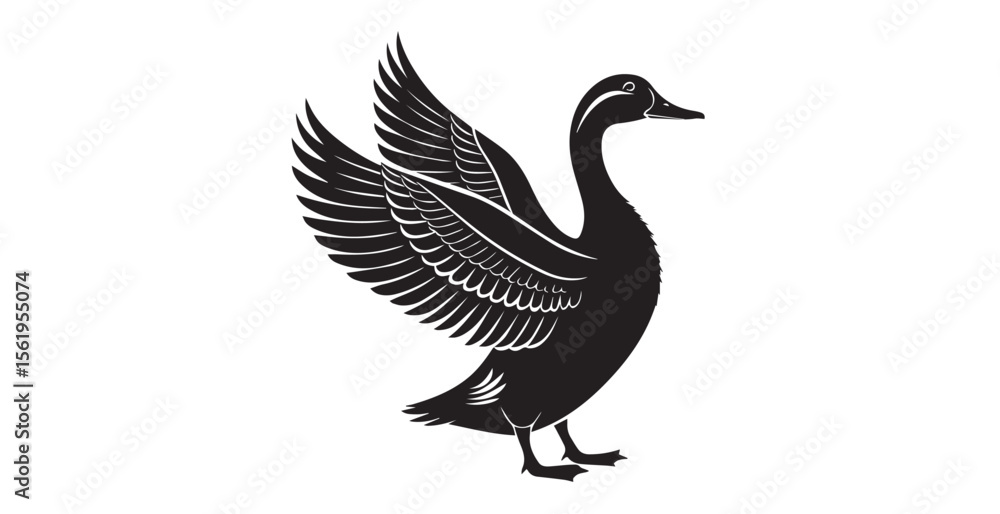 Fototapeta premium Elegant black duck with open wings in silhouette style