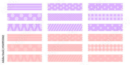 Set of colorful patterned washi tape stripes with cute pattern. Vector illustration of a cute decorative scotch tape. Colored decorative tape mini washi sticker decoration. 
