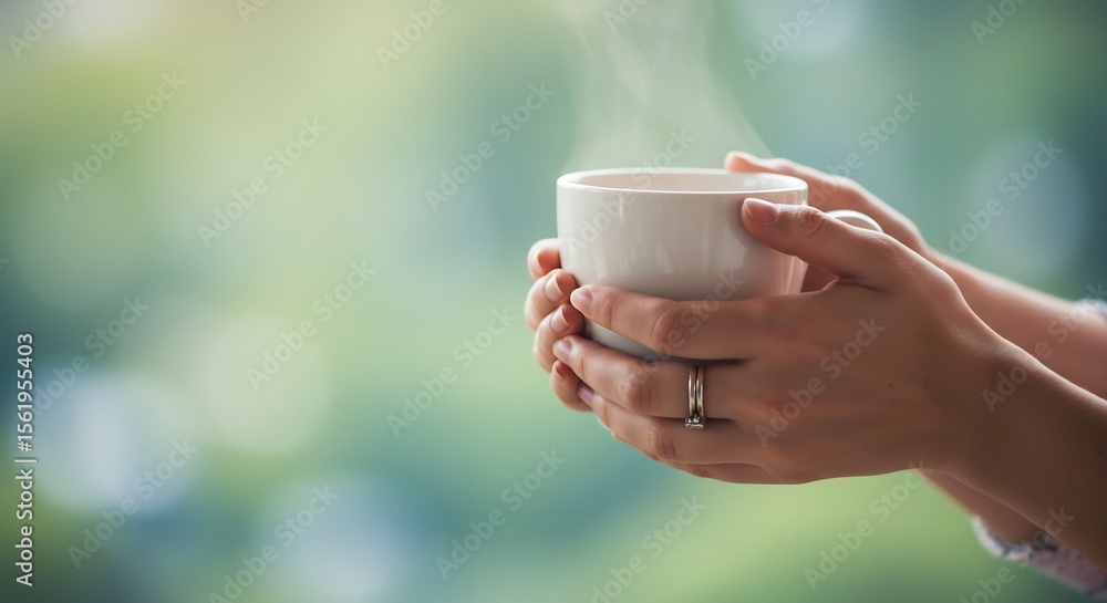 Warm Cup Held by Hands with Ring, Soft Green Background Warm Cup Held by Hands with Ring, Soft Green Background